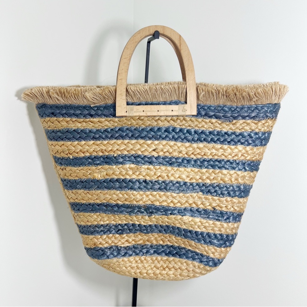 Anton Kraft Hashree Tote Bag Striped Jute Navy Stripe Beach Wooden Handle